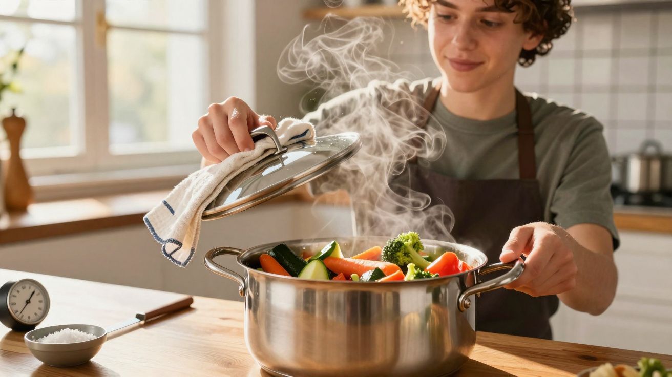 Pessoa a retirar tampa de panela com legumes cozinhando e vapor a sair na cozinha iluminada.