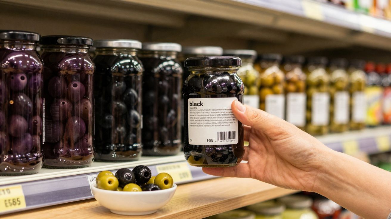 Mão segura frasco de azeitonas pretas num supermercado com vários frascos similares e azeitonas num prato.