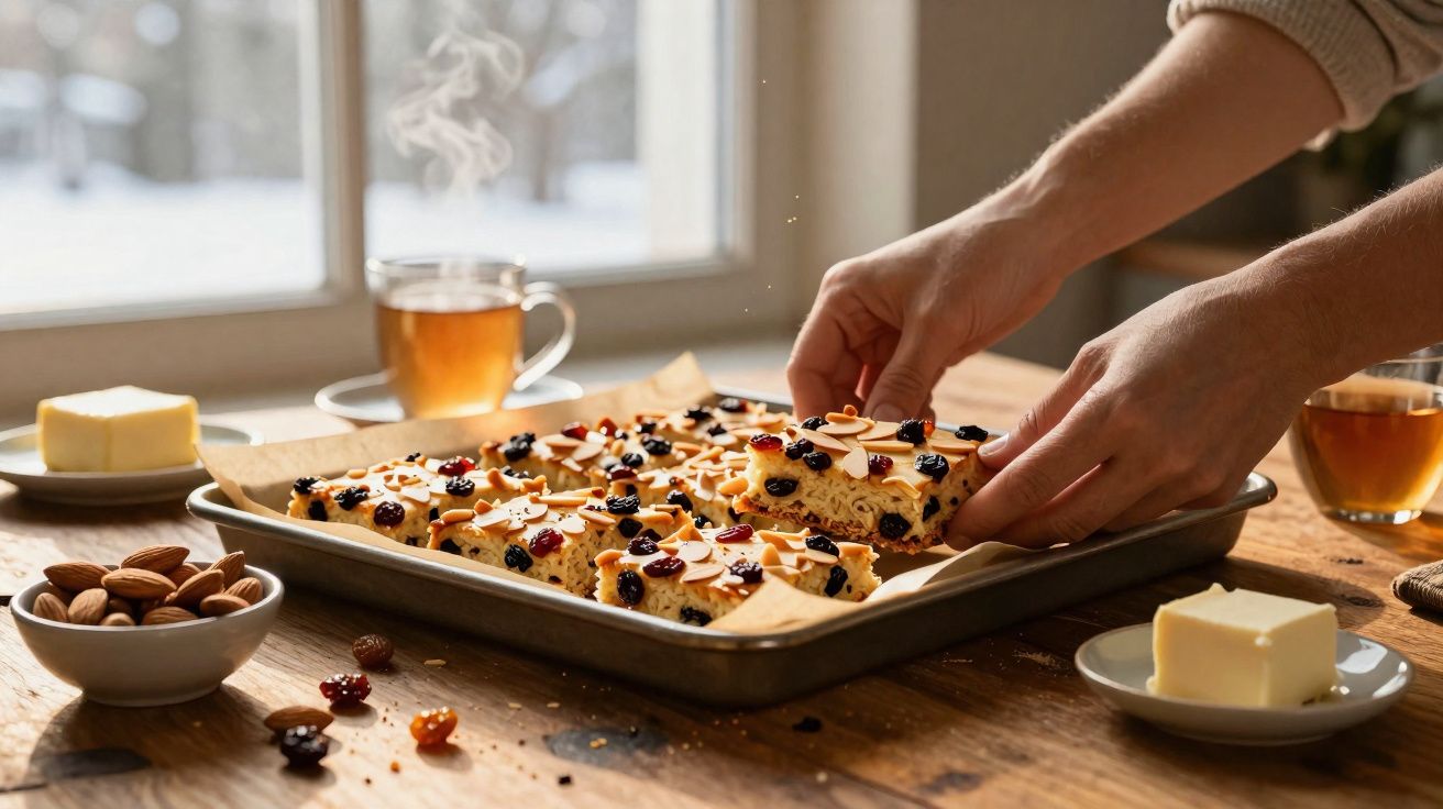 Tabuleiro com quadrados de bolo de frutos secos sendo retirados, com chá quente e manteiga à volta numa mesa de madeira.