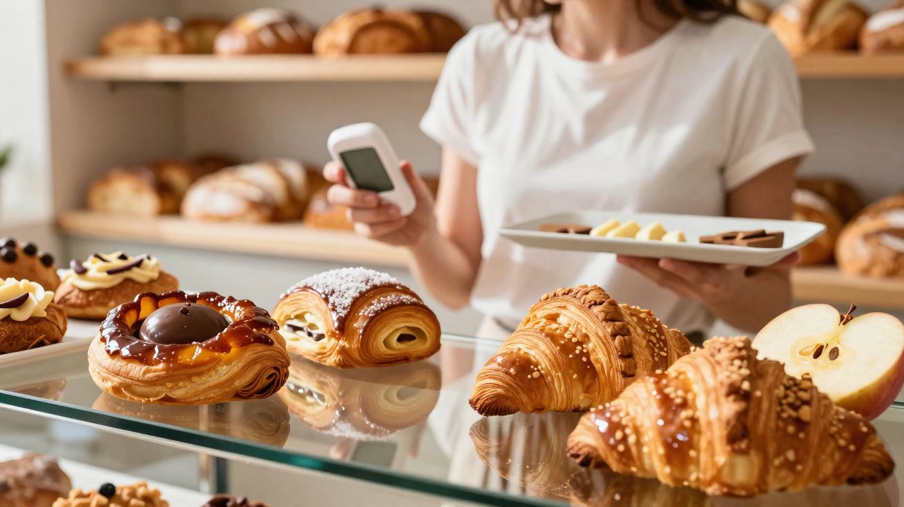 Mulher numa pastelaria a segurar um prato com chocolates, com pastelaria variada em vidro à frente.
