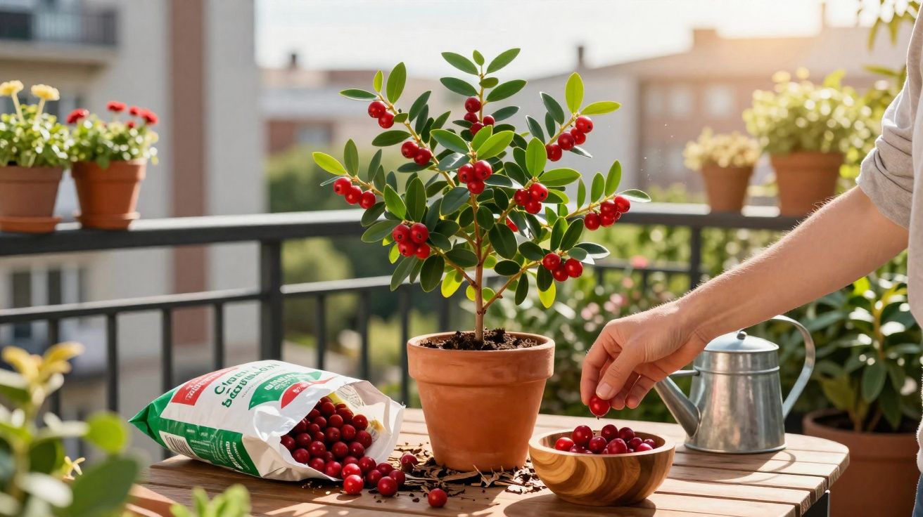 Mãos a colher cerejas de um vaso para uma taça num terraço ensolarado com outras plantas à volta.