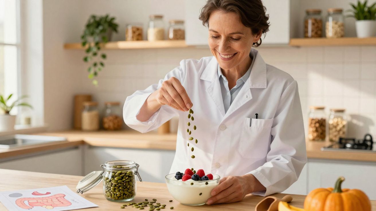 Mulher com bata branca coloca sementes num prato com frutas numa cozinha iluminada e moderna.