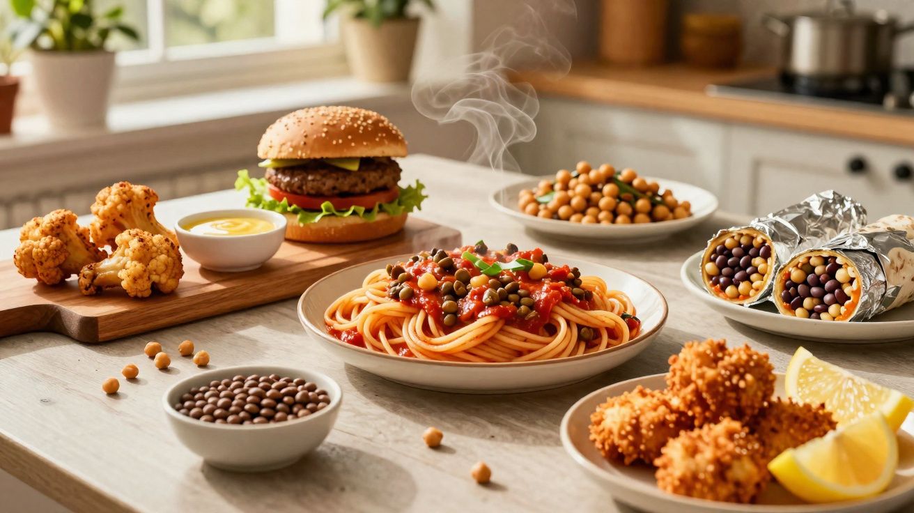 Mesa com diversos pratos de comida vegetariana, incluindo hambúrguer, esparguete, legumes e snacks.