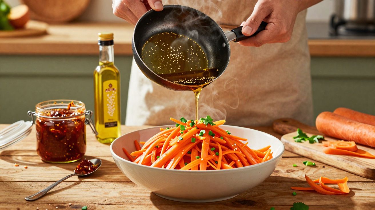 Pessoa a temperar cenouras cortadas em palitos com molho quente numa taça branca numa cozinha.