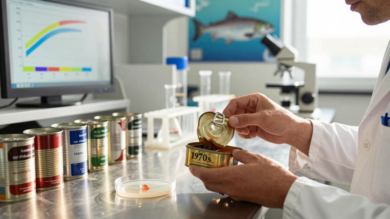 Cientista a abrir lata antiga rotulada "1970s" num laboratório com gráficos e equipamento de análise.