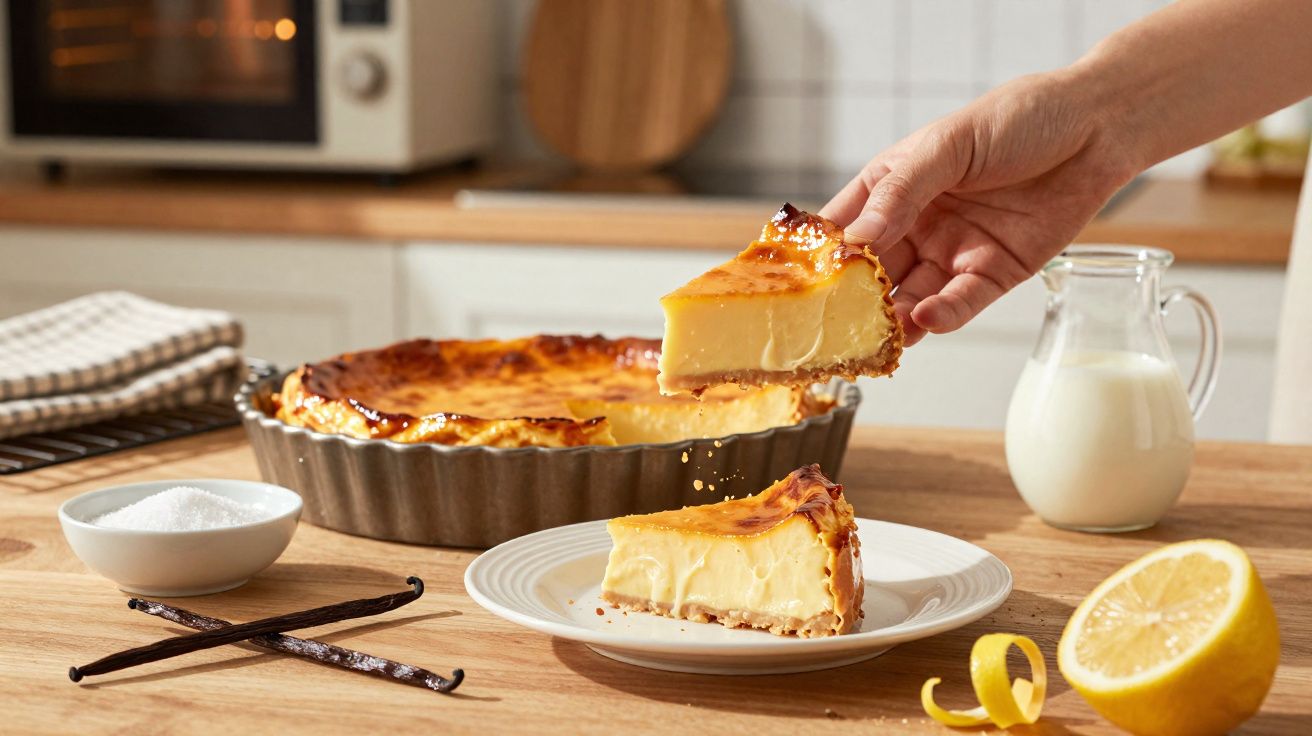 Pedaço de tarte de leite creme a ser retirado, com tarte inteira, leite, limão e baunilha na mesa.