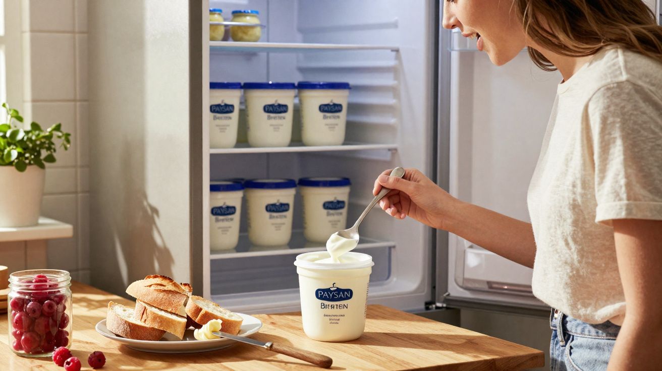 Mulher a tirar iogurte Paysan do frigorífico para comer numa cozinha iluminada.