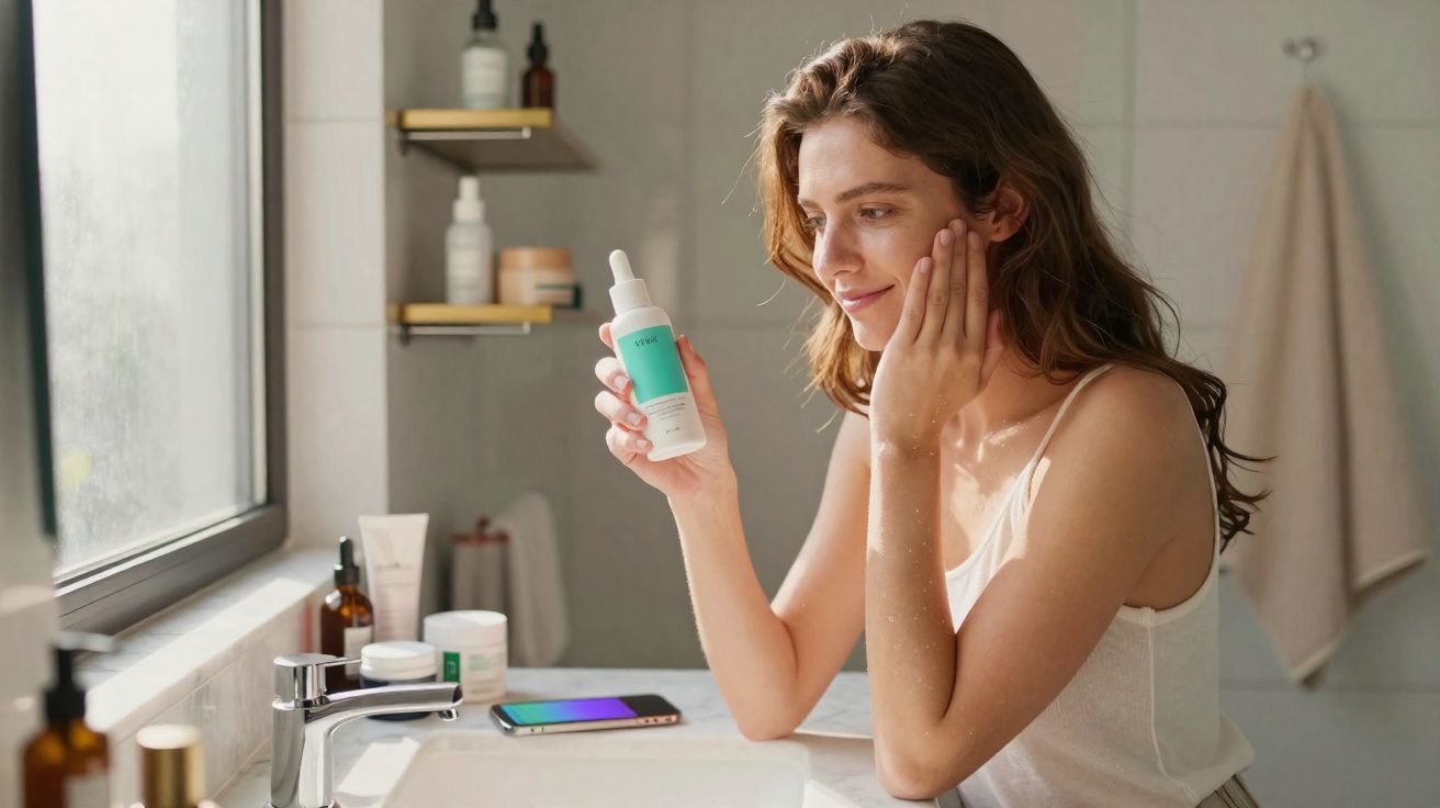 Mulher a aplicar sérum facial numa casa de banho com produtos à sua volta e luz natural a entrar pela janela.