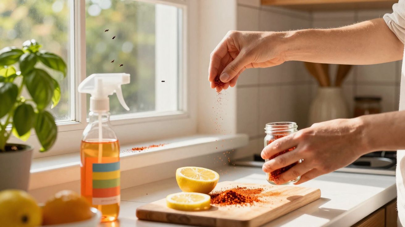 Mãos a polvilhar especiarias num tabuleiro de madeira com limão cortado numa cozinha iluminada.