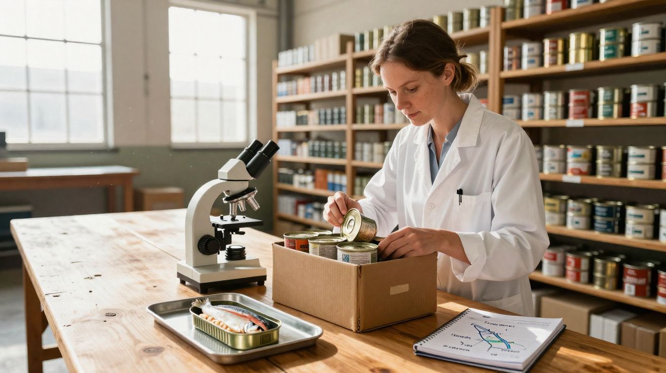 Mulher em bata branca analisa latas de alimentos em laboratório com microscópio e estantes ao fundo.