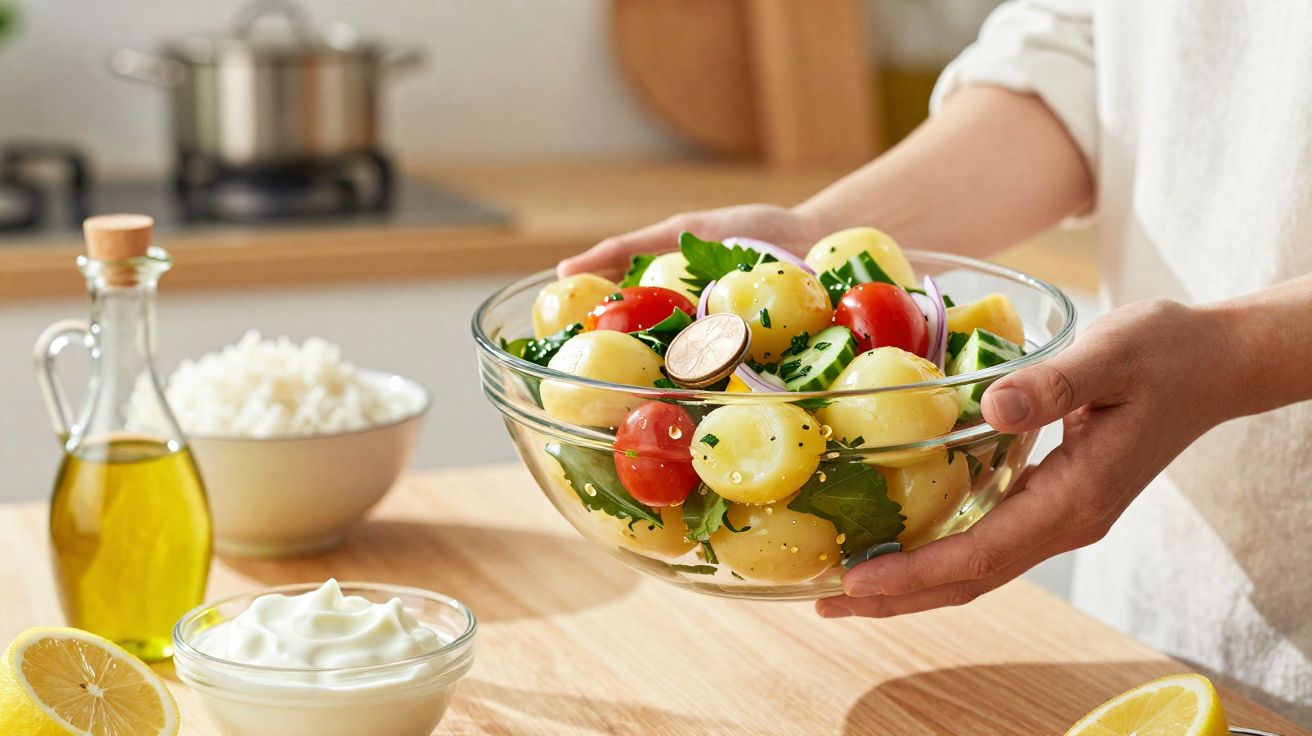 Pessoa segurando salada fresca com tomate, rúcula, pepino e molho, ao lado de azeite, arroz e iogurte.