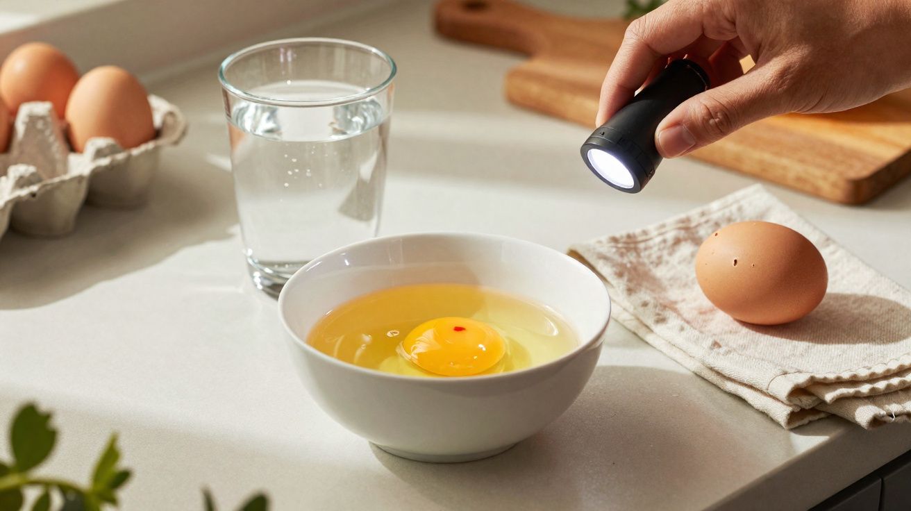 Pessoa inspeciona um ovo cru numa tigela usando uma lanterna numa cozinha luminosa.