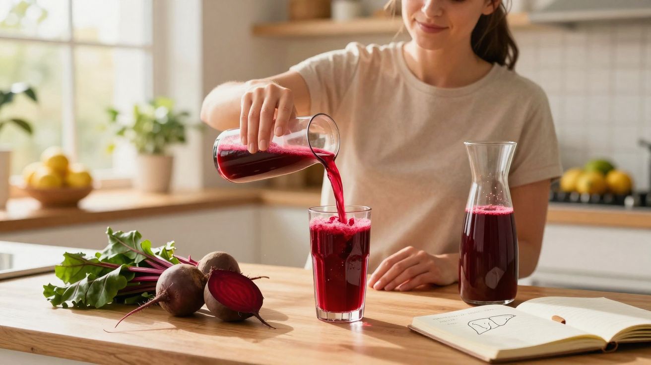 Mulher a verter sumo de beterraba num copo numa cozinha luminosa com beterrabas e livro aberto sobre a mesa.