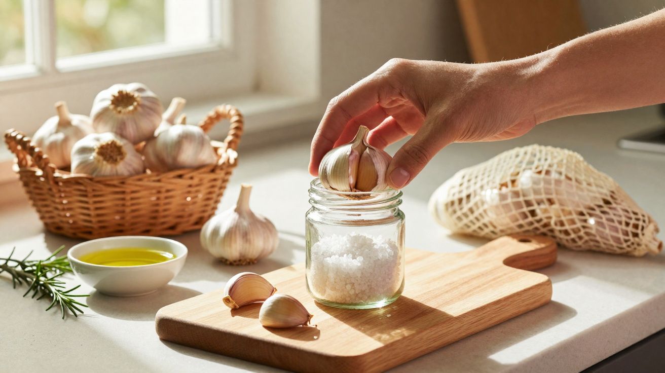 Mão a colocar dente de alho em frasco de vidro com sal numa tábua de madeira numa cozinha iluminada.