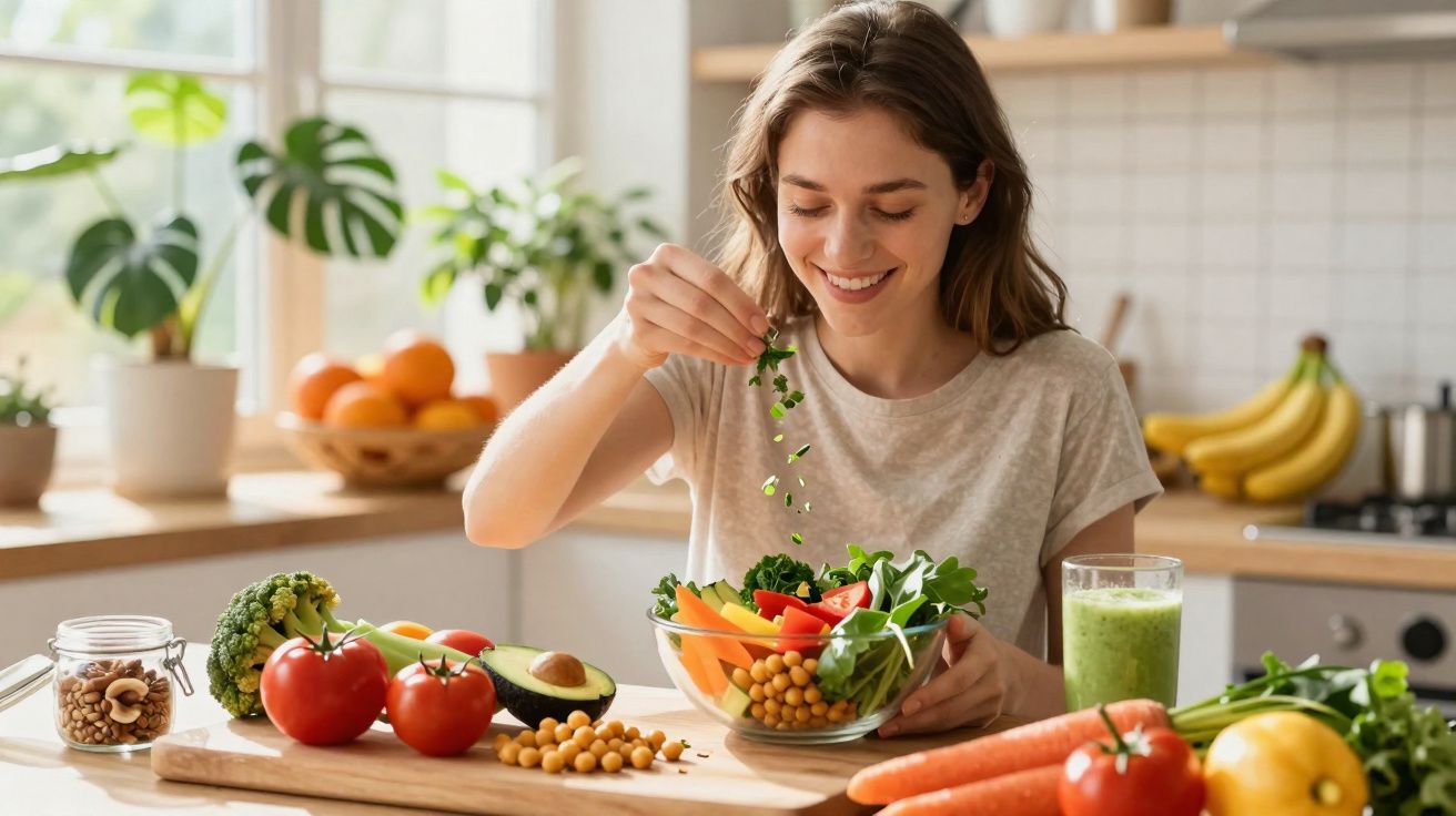 Mulher jovem tempera uma salada de legumes frescos numa cozinha luminosa e moderna.