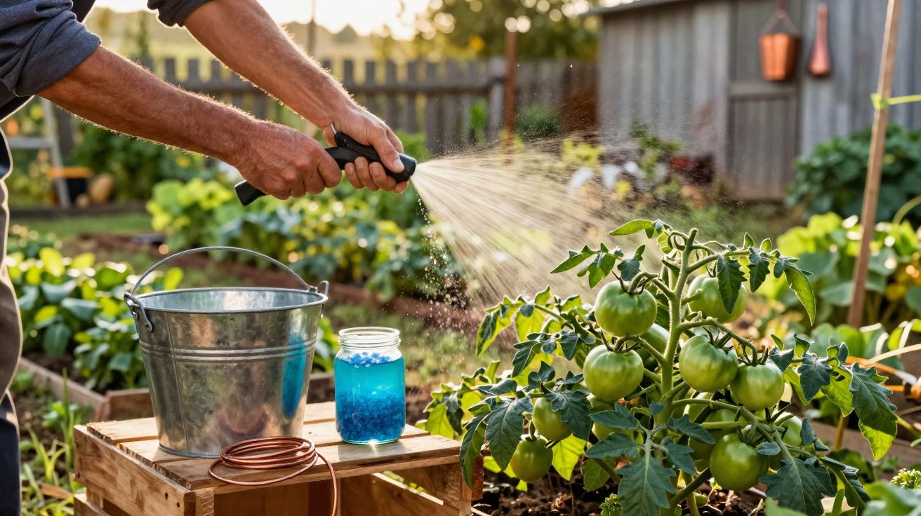 Pessoa a pulverizar plantas verdes de tomate num jardim ao ar livre com balde de metal e frasco azul.