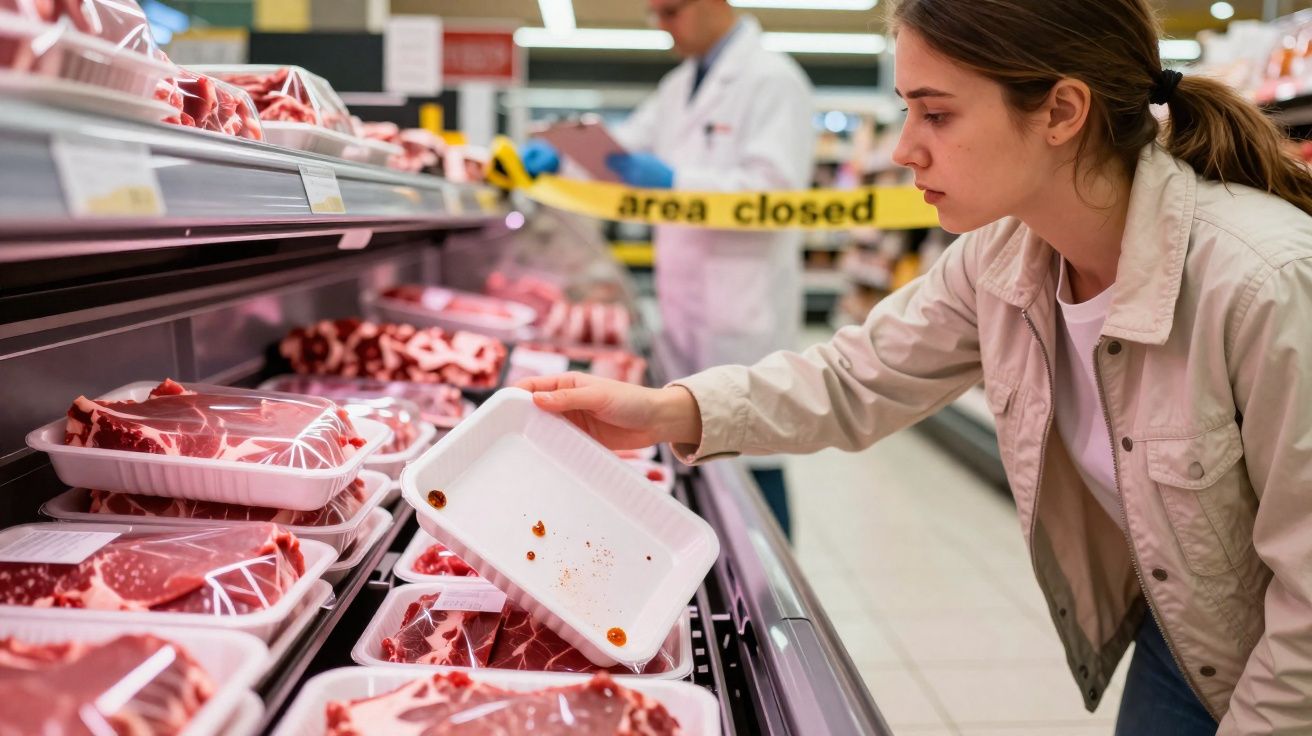 Mulher verifica embalagem vazia na secção de carnes do supermercado com área fechada ao fundo.