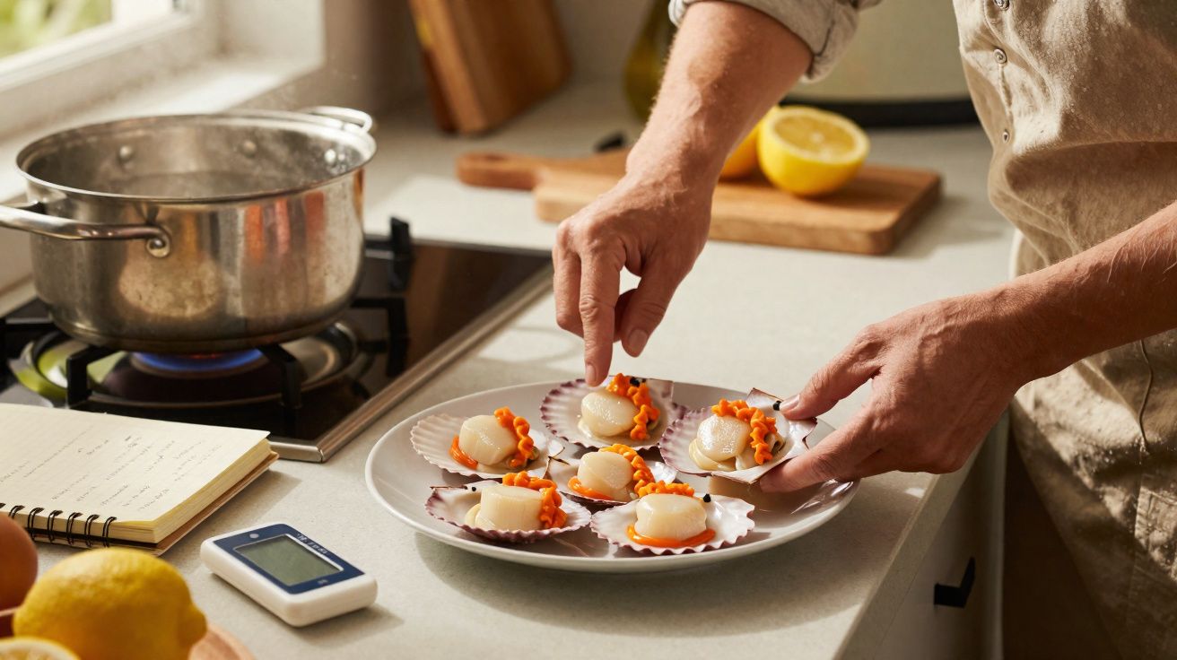 Pessoa a preparar vieiras frescas num prato na cozinha, com fogão e panela ao fundo.