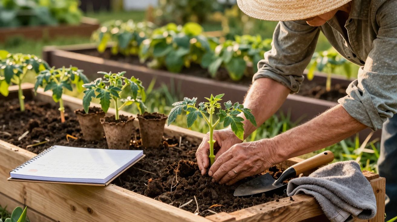 Pessoa a plantar uma muda de tomateiro em canteiro de madeira numa horta com caderno aberto e enxada.
