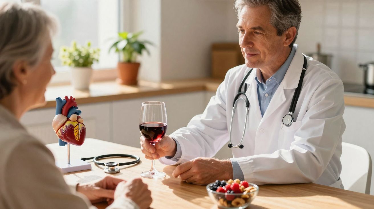 Médico com estetoscópio oferece copo de vinho tinto a paciente durante consulta sobre saúde cardíaca.