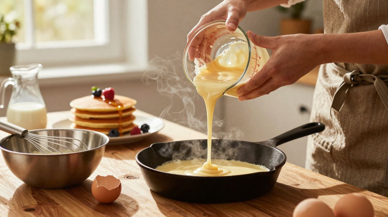 Pessoa a verter massa de panquecas numa frigideira enquanto cozinha numa cozinha iluminada.