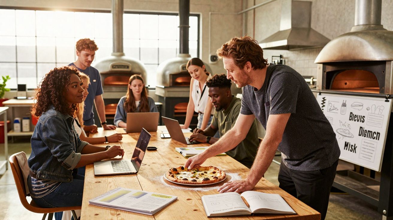 Grupo de pessoas reunidas à volta de uma mesa com pizzas e computadores numa sala luminosa.