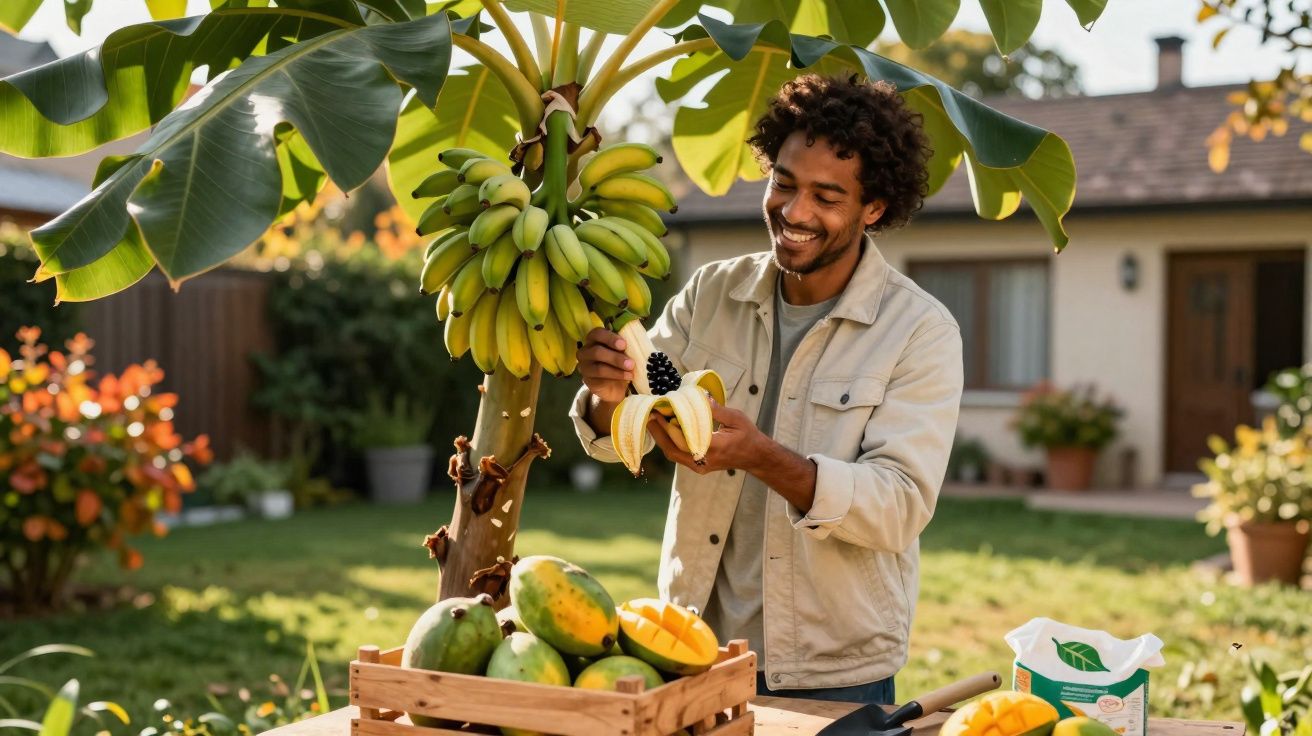 Homem sorridente a descascar uma banana junto a bananazeira num jardim com frutas tropicais numa caixa de madeira.