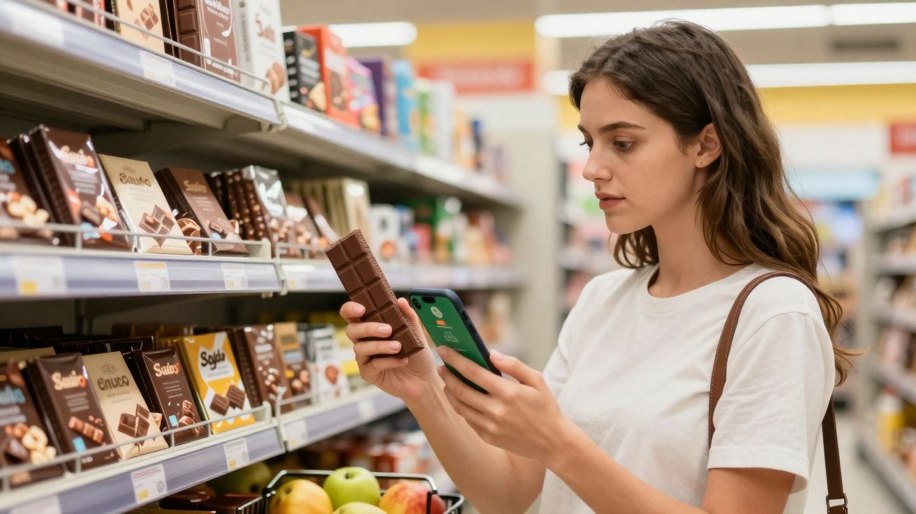 Mulher a comparar uma barra de chocolate com o telemóvel numa prateleira de supermercado.