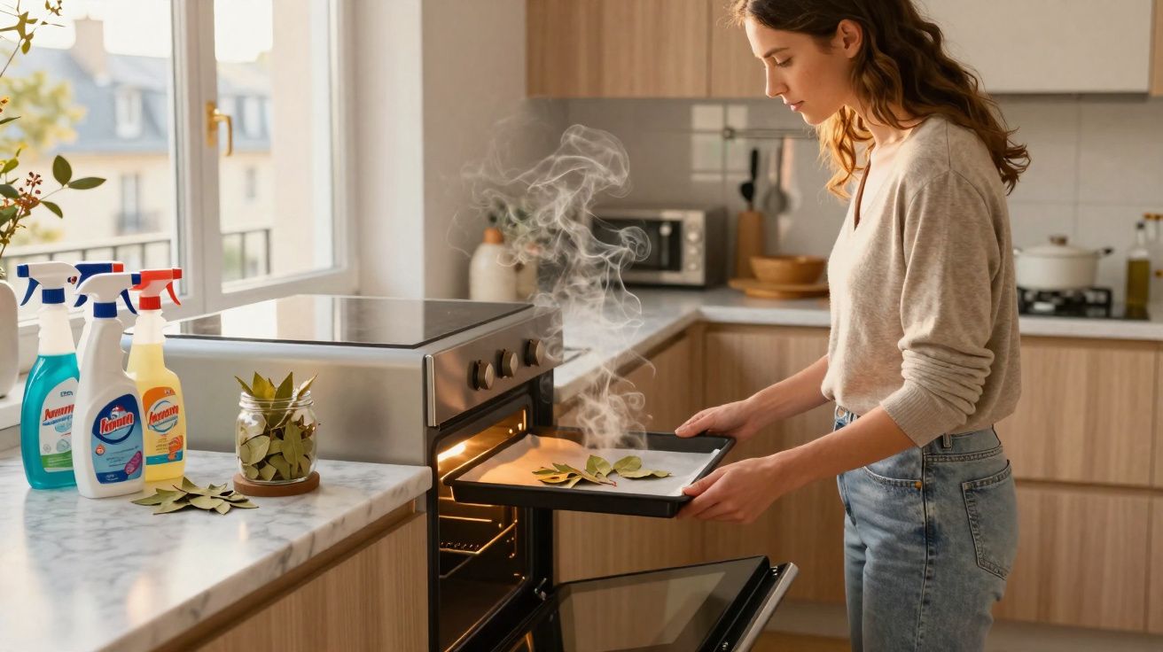 Mulher a tirar tabuleiro com folhas fumegantes do forno numa cozinha moderna e iluminada.