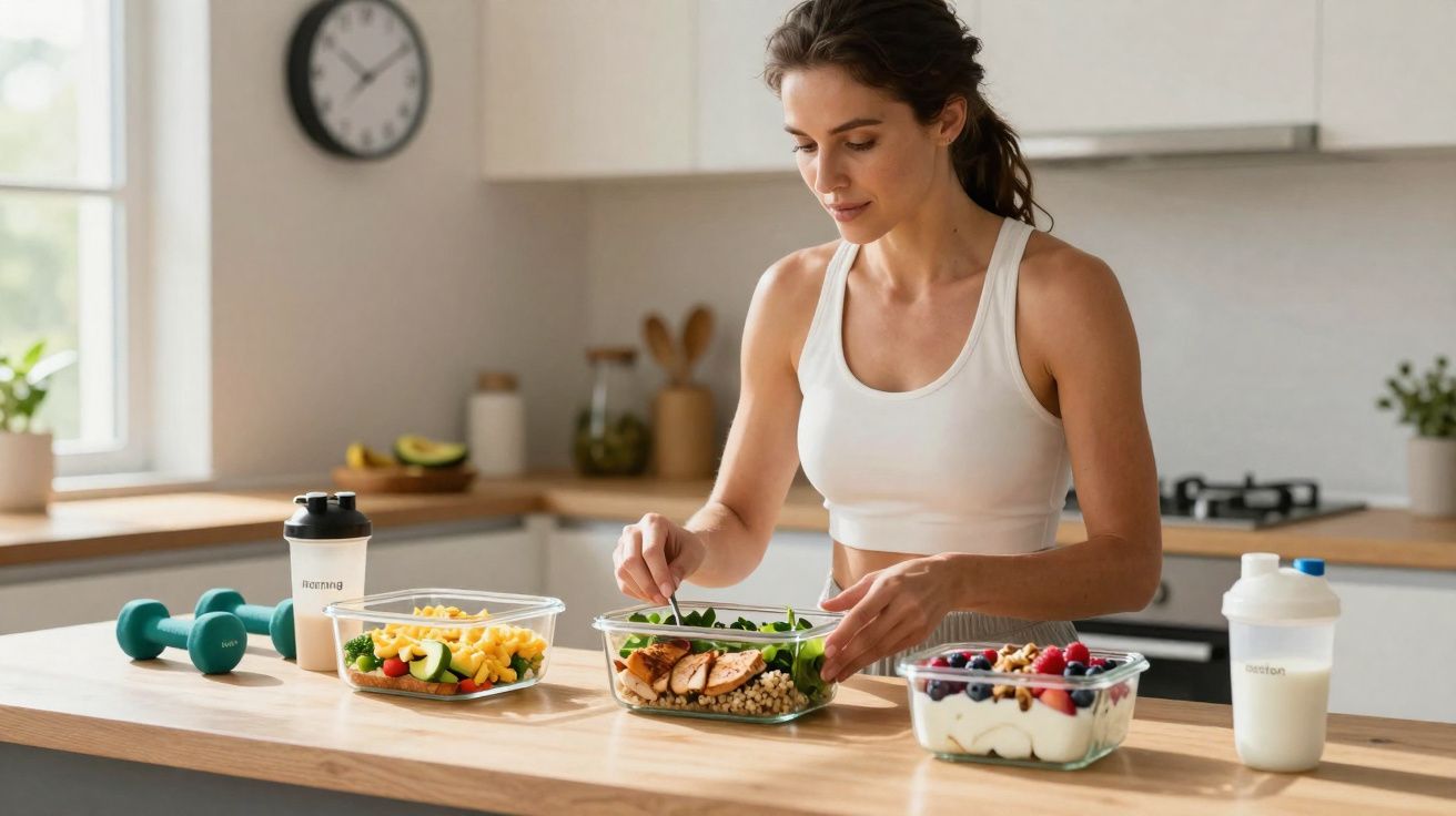 Mulher prepara refeições saudáveis numa cozinha moderna com pesos e batidos ao lado.