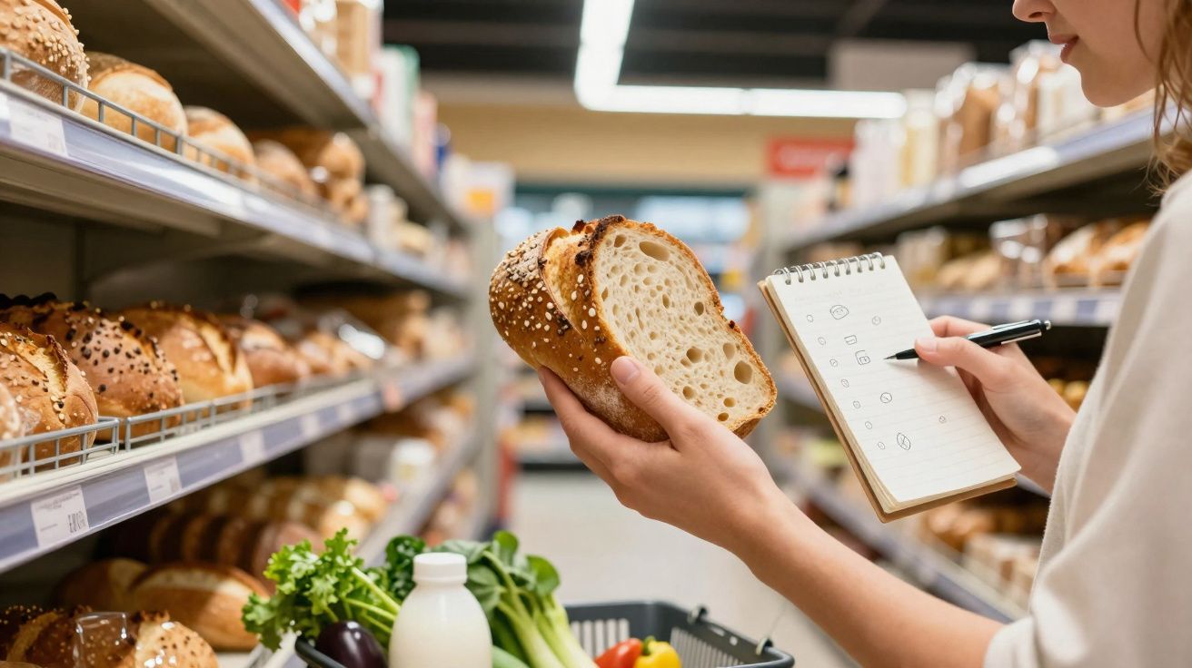 Pessoa a segurar fatia de pão e a apontar lista num caderno num supermercado com prateleiras de pão.