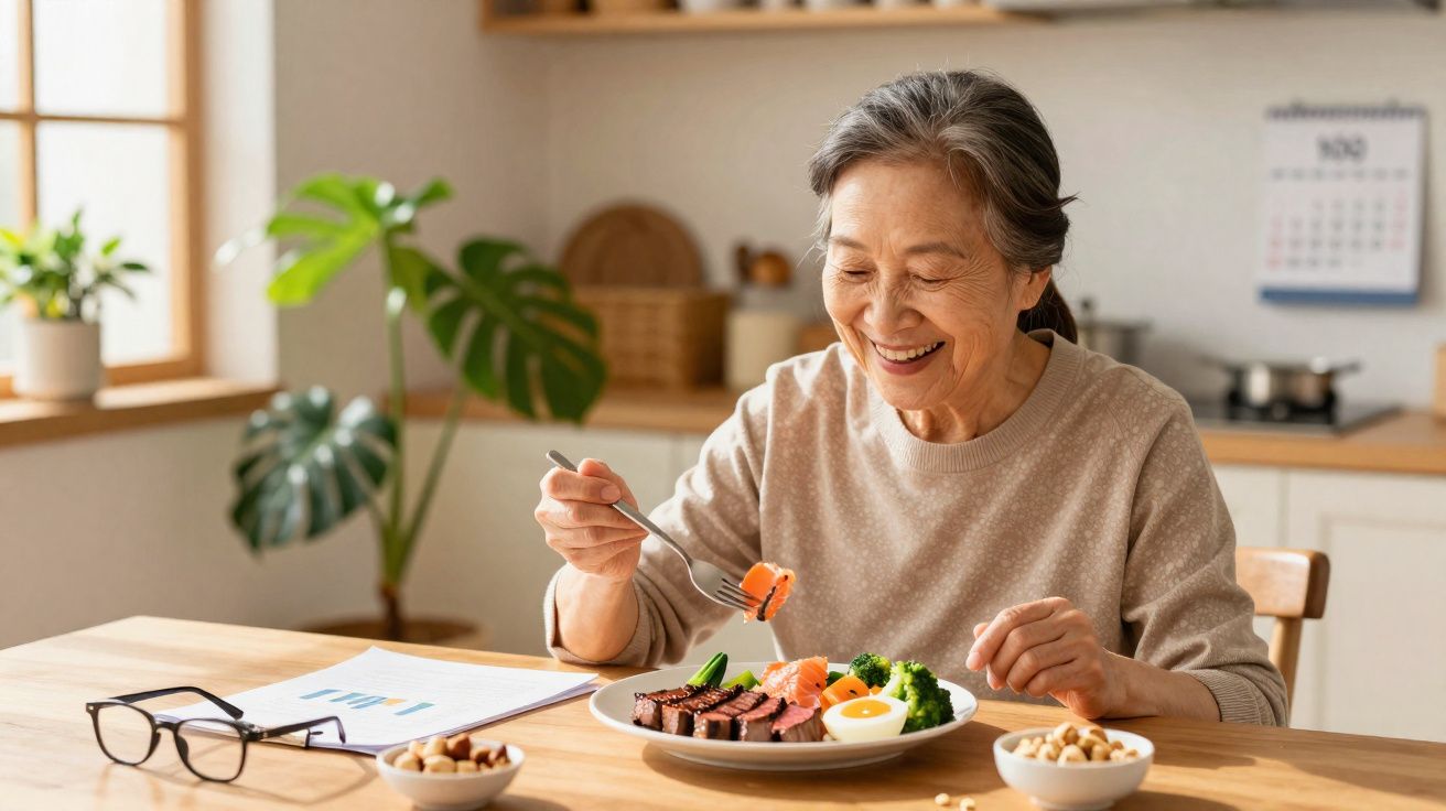 Mulher idosa sorridente a comer refeição saudável com legumes e ovo numa cozinha luminosa.