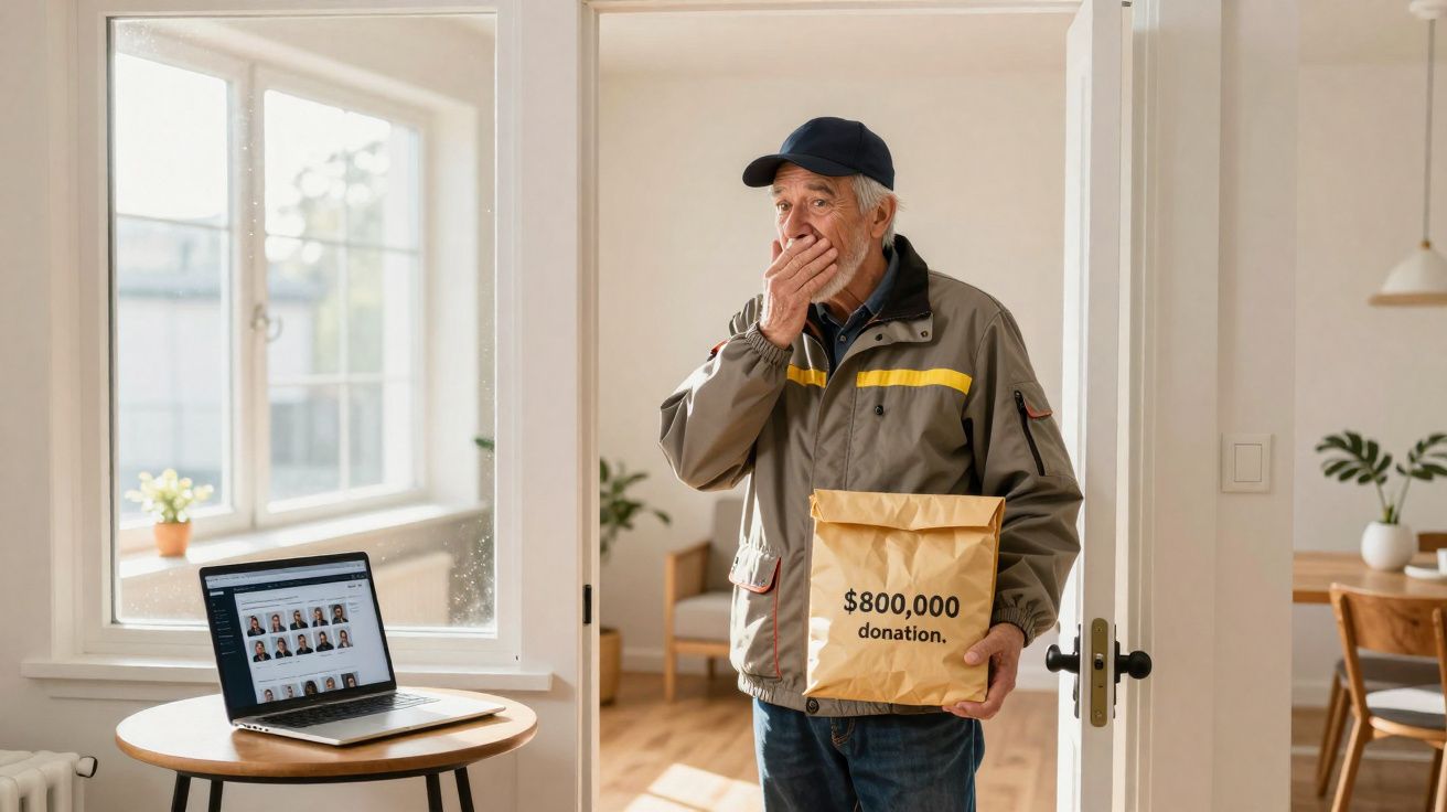 Homem idoso com expressão surpresa segura envelope com doação de $800,000 numa sala iluminada.