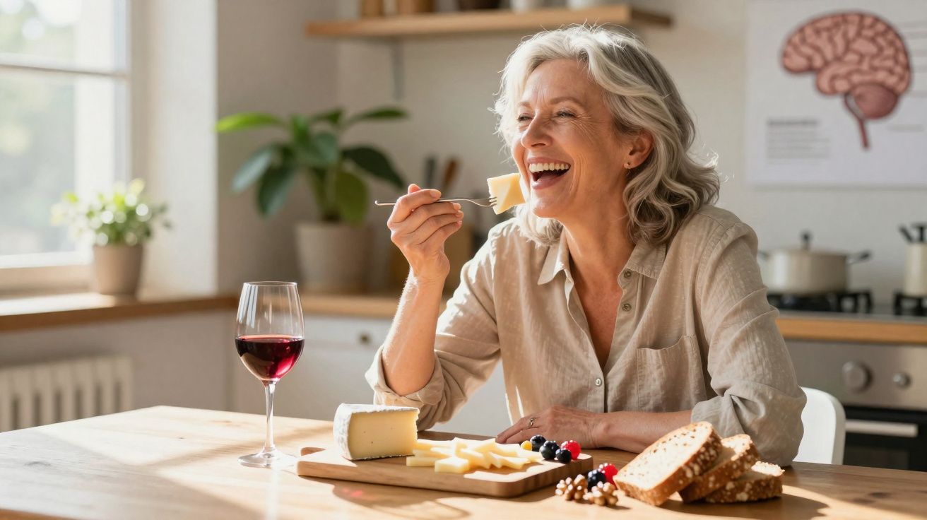 Mulher sorridente a comer queijo com pão e frutas, com copo de vinho numa cozinha luminosa.