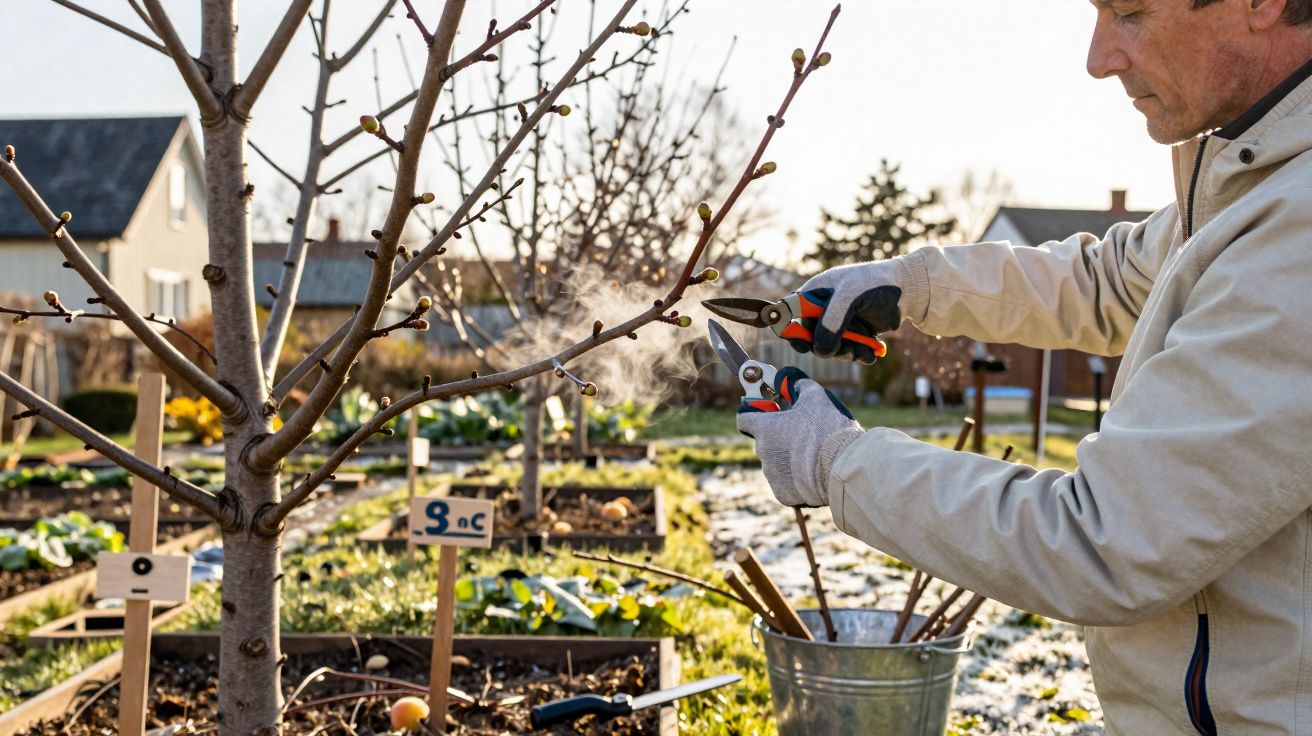 Homem a podar ramo de árvore numa horta com canteiros e casas ao fundo em dia de sol.