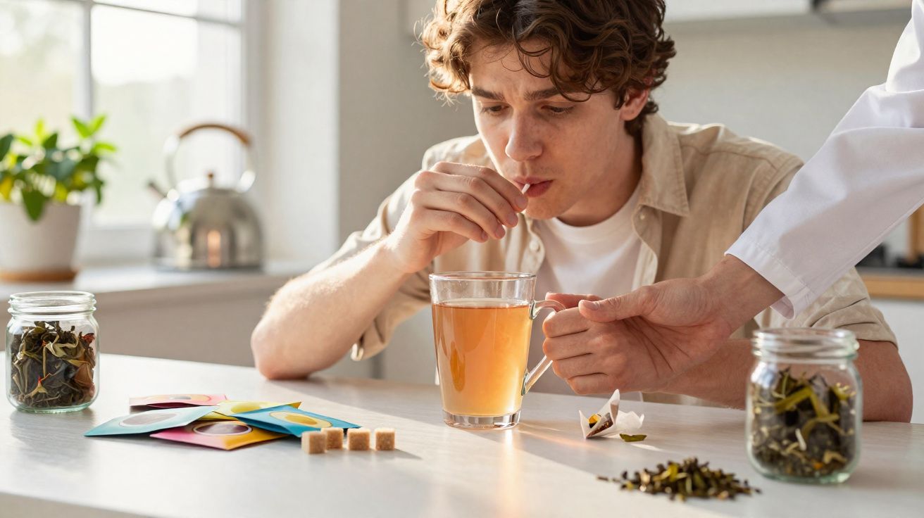 Homem a beber chá enquanto outra pessoa lhe segura a chávena num ambiente de cozinha iluminada.