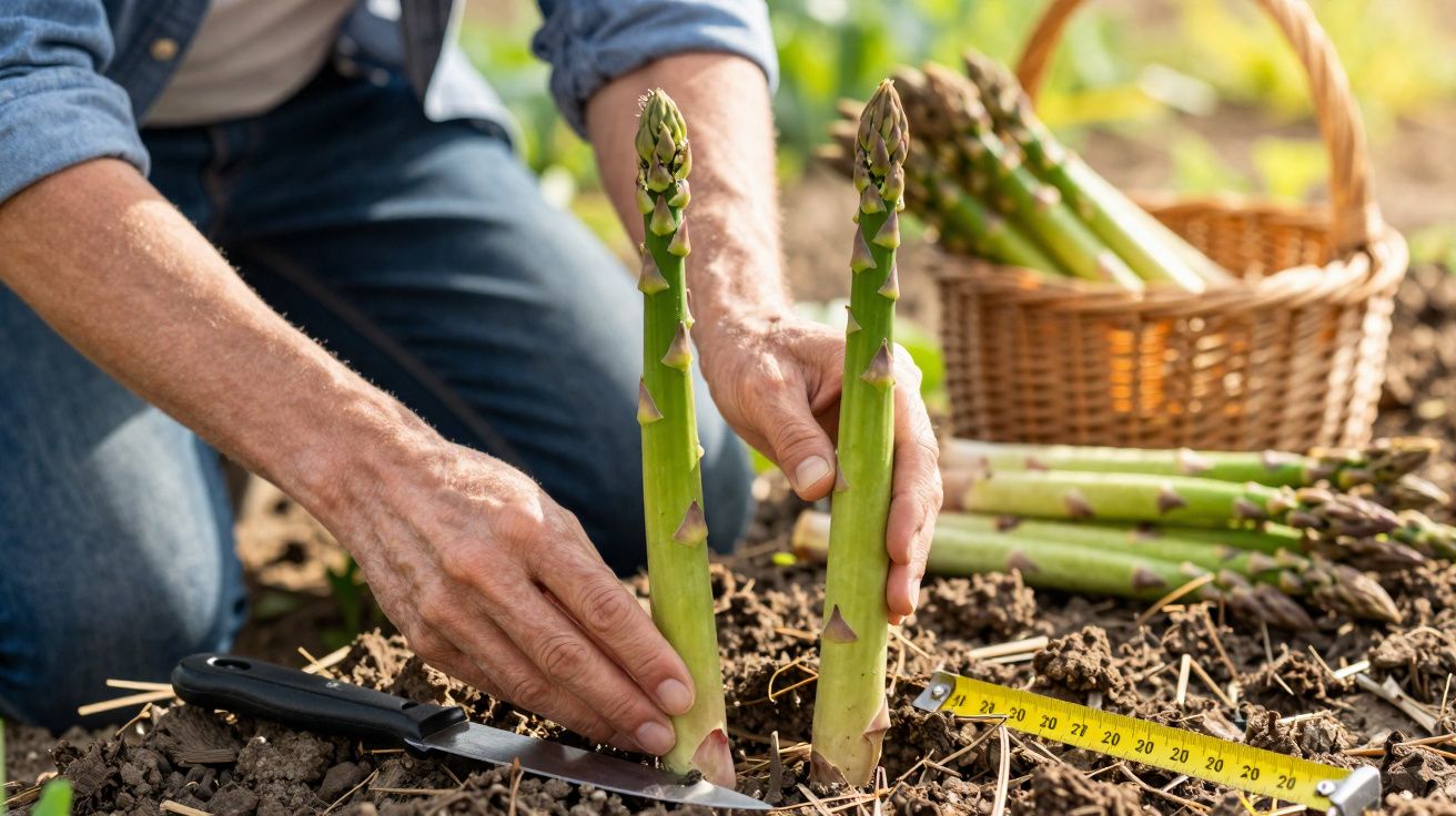 Pessoa a colher espargos verdes frescos do solo em horta com cesta e fita métrica ao lado.