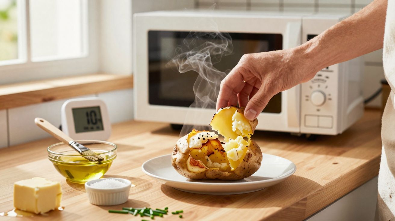 Mão a abrir batata assada a fumegar num prato, com manteiga, sal, ervas e micro-ondas ao fundo.