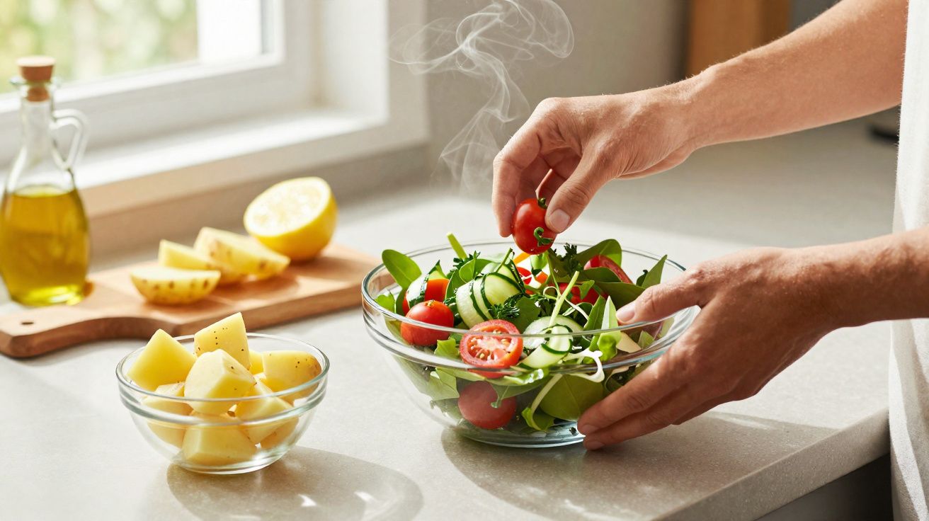 Mãos a preparar salada fresca com tomate cherry, pepino e folhas verdes numa tigela de vidro.