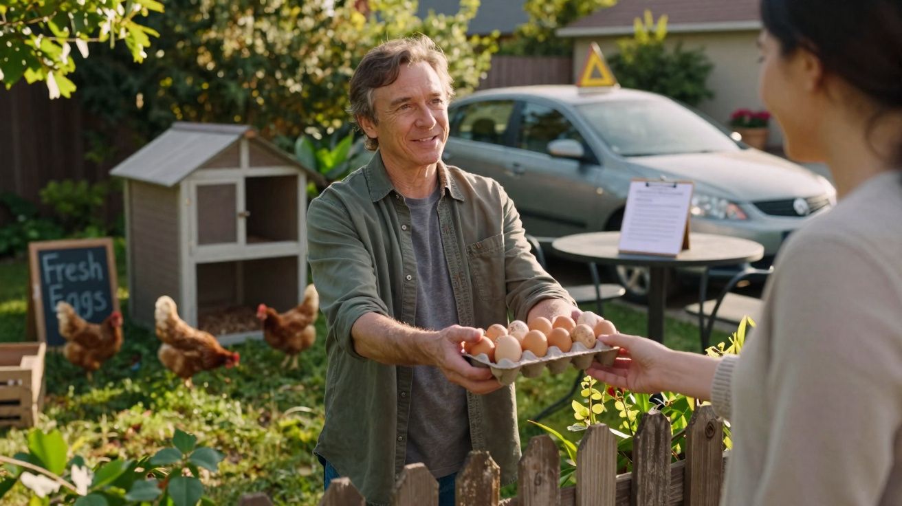 Homem entrega caixa de ovos frescos a mulher num jardim com galinhas e placa "Fresh Eggs".