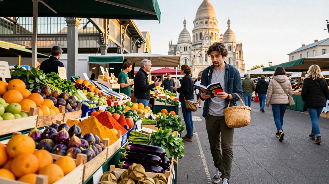 Mercado ao ar livre com várias bancas de frutas e legumes, e o Sacré-Cœur ao fundo em Paris.