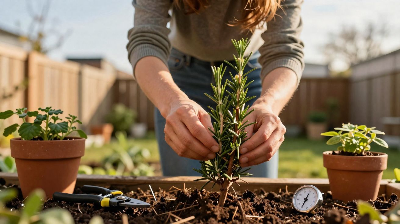Pessoa a cuidar de planta em vaso de terra num jardim com ferramentas de jardinagem ao lado.