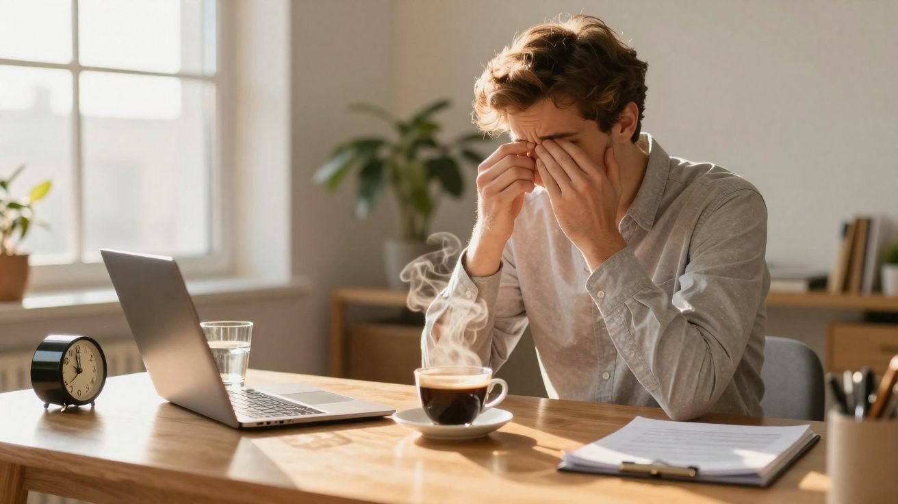 Homem sentado à mesa com computador portátil, copo de água, relógio e chá quente, esfregando os olhos cansados.