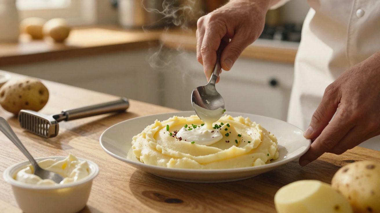 Mãos a colocar natas frescas sobre puré de batata quente com cebolinho, numa cozinha iluminada.