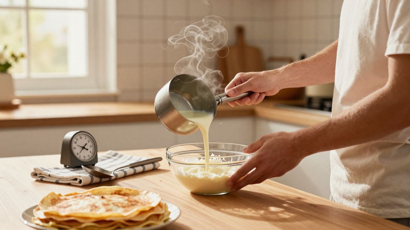 Pessoa a verter mistura quente numa taça de vidro numa cozinha luminosa com panqueques à frente.