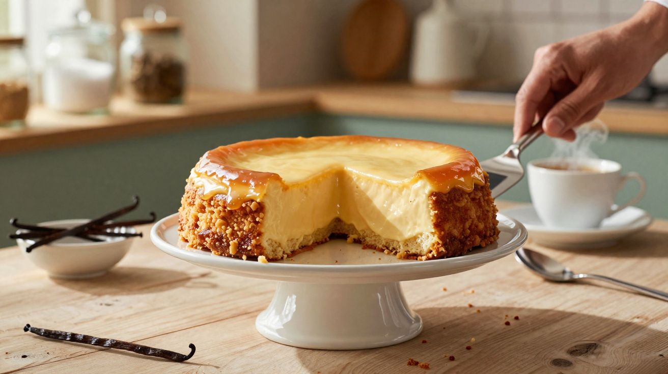 Tarte cremosa com cobertura caramelizada e crocante nas laterais em prato branco, com chá quente ao fundo.