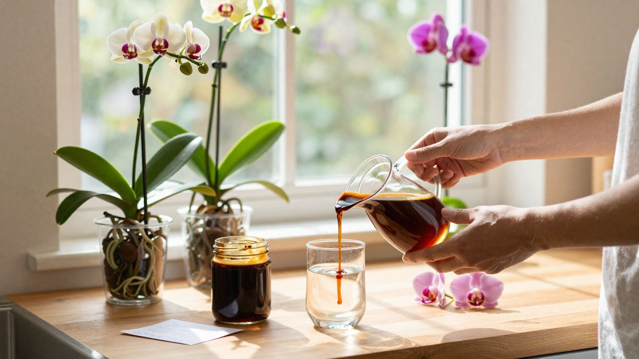 Pessoa a verter café numa chávena junto a vasos com orquídeas brancas e rosa numa mesa de madeira.