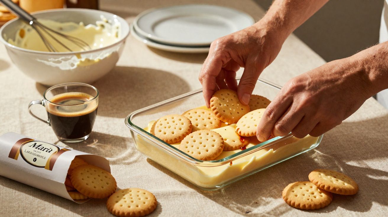 Mãos a colocar bolachas redondas sobre uma camada de creme num recipiente de vidro transparente.