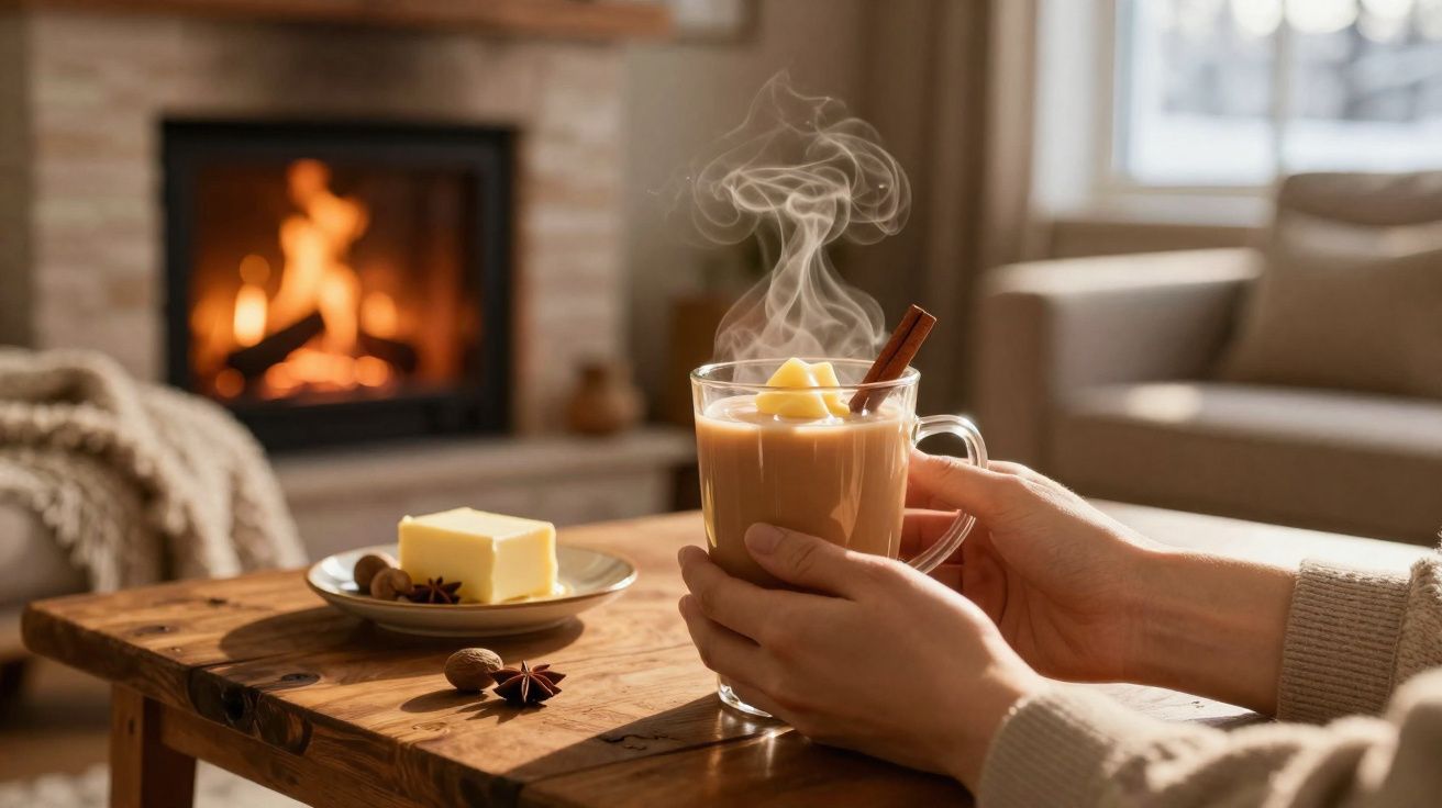Mãos seguram chá quente com canela, manteiga e especiarias numa sala acolhedora com lareira acesa.