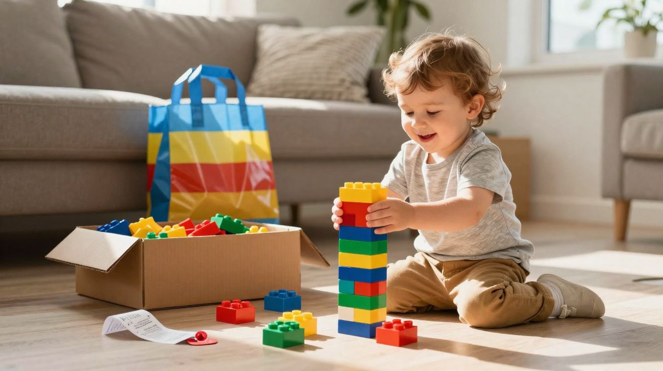Criança sentada no chão a construir uma torre colorida com blocos de brinquedo num ambiente luminoso.
